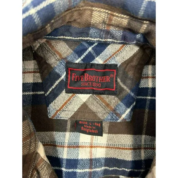 Five Brother Mens L Brown & Blue Plaid Flannel Shirt Long Sleeve Button-Up - Picture 2 of 6